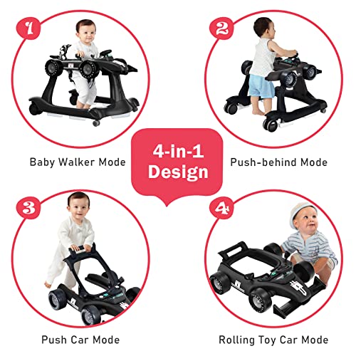BABY JOY 4 in 1 Baby Walker  Foldable Activity Walker with Adjustable Height & Speed  Music  Lights  Anti Rollover  Toddler Push Walker  Baby Walker with Wheels for Boys Girls 6 18 Months  Black 