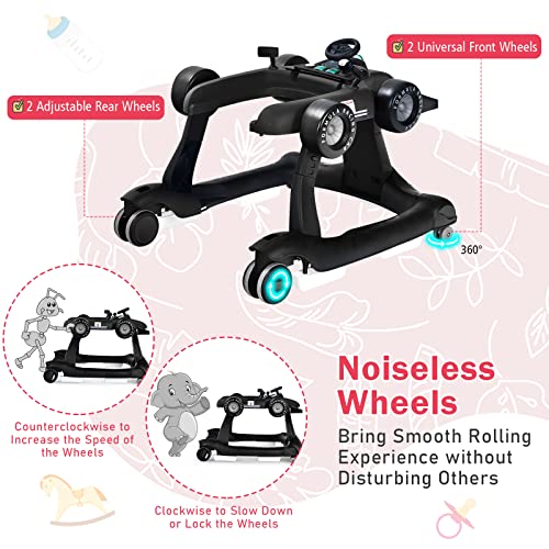 BABY JOY 4 in 1 Baby Walker  Foldable Activity Walker with Adjustable Height & Speed  Music  Lights  Anti Rollover  Toddler Push Walker  Baby Walker with Wheels for Boys Girls 6 18 Months  Black 