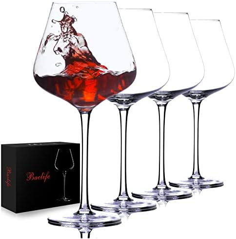 BACLIFE Juego de 4 copas de vino tinto sopladas a mano, copas de vino borgoña de 23 onzas con tallo largo, copa de vino de cristal grande de alta calidad, regalo único para bodas, aniversarios, día de