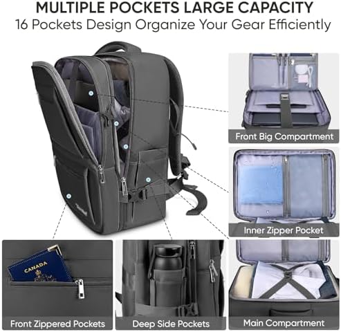 BALEINE Travel Backpack for Women Men  Large Sturdy Carry On Laptop Backpack Gifts for Business  Casual  Weekender  Hiking  Large  Black 