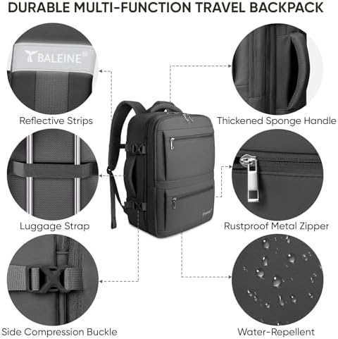 BALEINE Travel Backpack for Women Men  Large Sturdy Carry On Laptop Backpack Gifts for Business  Casual  Weekender  Hiking  Large  Black 