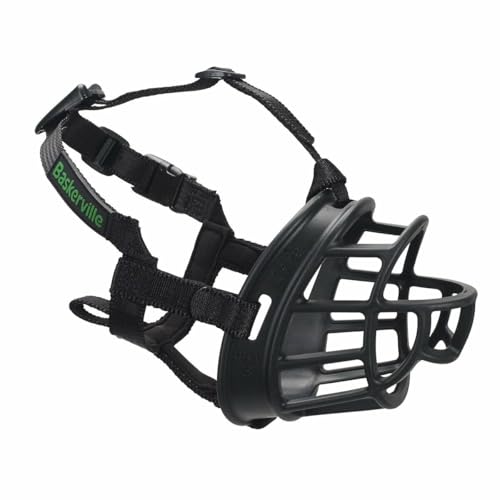 BASKERVILLE ULTRA MUZZLE   Patented Humane Design  Breathable  Dog can Pant and Drink  Adjustable  Padded  Training Muzzle for Medium sized Dogs  Prevents Biting  Wildlife Scavenging  Size 4  Black