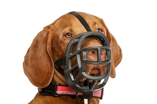 BASKERVILLE ULTRA MUZZLE   Patented Humane Design  Breathable  Dog can Pant and Drink  Adjustable  Padded  Training Muzzle for Medium sized Dogs  Prevents Biting  Wildlife Scavenging  Size 4  Black