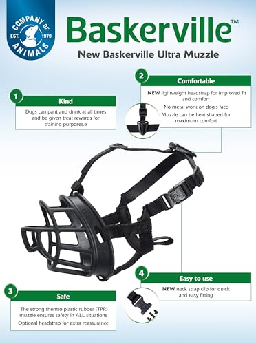 BASKERVILLE ULTRA MUZZLE   Patented Humane Design  Breathable  Dog can Pant and Drink  Adjustable  Padded  Training Muzzle for Medium sized Dogs  Prevents Biting  Wildlife Scavenging  Size 4  Black
