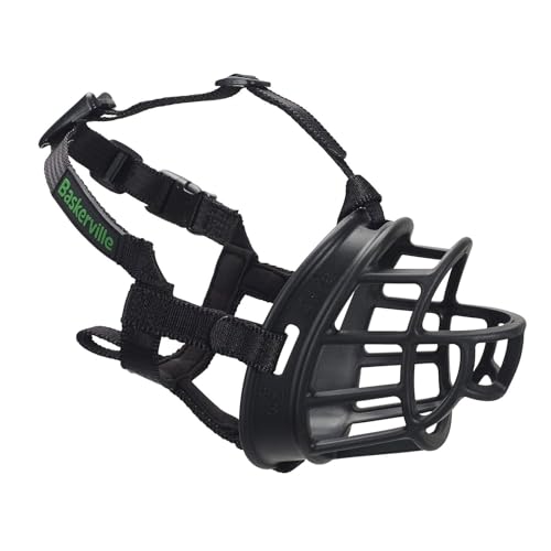 BASKERVILLE ULTRA MUZZLE   Patented Humane Design  Breathable  Dog can Pant and Drink  Adjustable  Padded  Training Muzzle for Medium sized Dogs  Prevents Biting  Wildlife Scavenging  Size 4  Black