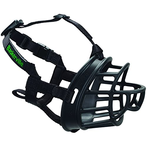 BASKERVILLE ULTRA MUZZLE   Patented Humane Design  Breathable  Dog can Pant and Drink  Adjustable  Padded  Training Muzzle for Medium sized Dogs  Prevents Biting  Wildlife Scavenging  Size 4  Black