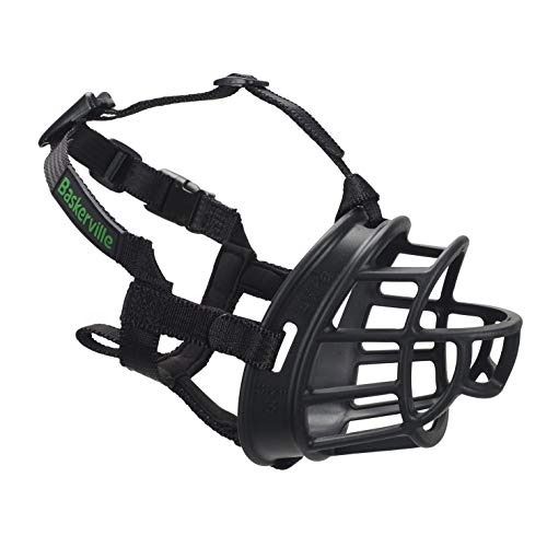 BASKERVILLE ULTRA MUZZLE   Patented Humane Design  Breathable  Dog can Pant and Drink  Adjustable  Padded  Dog Training Muzzle for Large Dogs  Prevents Biting  Wildlife Scavenging  Size 6  Black 