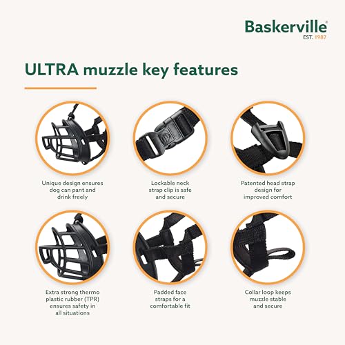 BASKERVILLE ULTRA MUZZLE   Patented Humane Design  Breathable  Dog can Pant and Drink  Adjustable  Padded  Dog Training Muzzle for Large Dogs  Prevents Biting  Wildlife Scavenging  Size 6  Black 