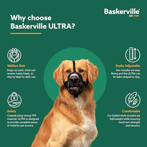 BASKERVILLE ULTRA MUZZLE   Patented Humane Design  Breathable  Dog can Pant and Drink  Adjustable  Padded  Dog Training Muzzle for Large Dogs  Prevents Biting  Wildlife Scavenging  Size 6  Black 