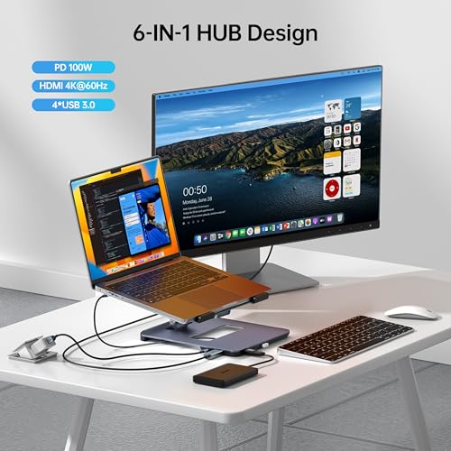 BENFEI Laptop Stand with USB C 6in1 Docking Station  HDMI 4K 60Hz  4 USB3 0  100W PD Compatible with MacBook Pro/Air  iPad Pro  XPS  Thinkpad
