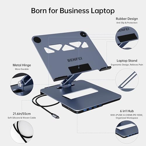 BENFEI Laptop Stand with USB C 6in1 Docking Station  HDMI 4K 60Hz  4 USB3 0  100W PD Compatible with MacBook Pro/Air  iPad Pro  XPS  Thinkpad
