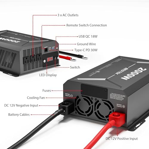 BESTEK 2000W Car Power Inverter  DC 12V to 110V AC Converter Car Outlet Adapter with USB C PD30W QC18W Cigarette Lighter Plug  3 AC Charger Outlets and Dual USB Ports for RV Road Trips