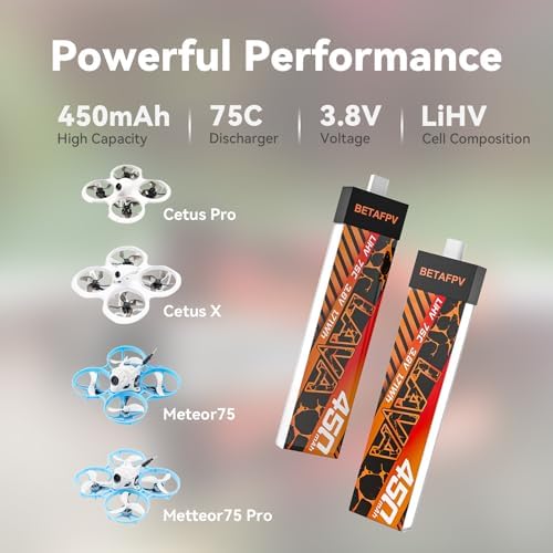 BETAFPV 4pcs Lava 450mAh 1S 3 8V 75C LiHV FPV Lipo Battery with BT2 0 Connector for 1 2S FPV Tiny Whoop Drone Quadcopters Like Meteor75  Meteor75 Pro  Cetus Pro 1S Brushless Drones  Cetus X 2S Quad