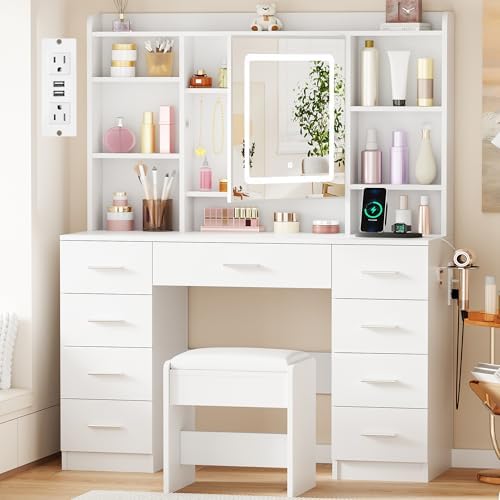 BEWISHOME Vanity Desk with Mirror and Lights  Makeup Vanity Table with Power Outlet Stool Vanity Table with 9 Drawers 6 Storage Shelves Jewelry Storage Dressing Table for Bedroom Girls White FST36W