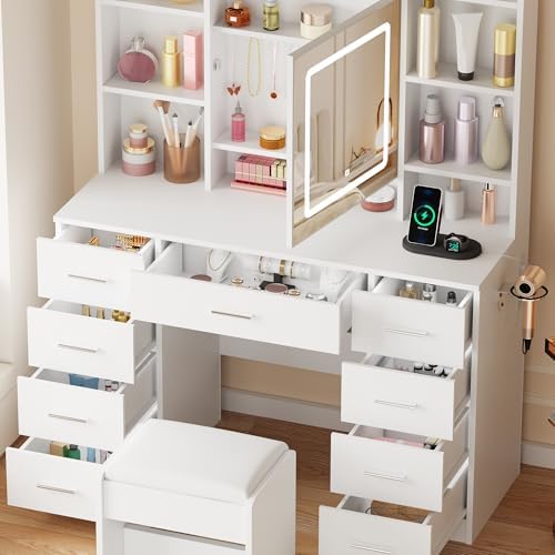 BEWISHOME Vanity Desk with Mirror and Lights  Makeup Vanity Table with Power Outlet Stool Vanity Table with 9 Drawers 6 Storage Shelves Jewelry Storage Dressing Table for Bedroom Girls White FST36W