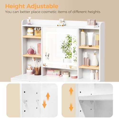 BEWISHOME Vanity Desk with Mirror and Lights  Makeup Vanity Table with Power Outlet Stool Vanity Table with 9 Drawers 6 Storage Shelves Jewelry Storage Dressing Table for Bedroom Girls White FST36W