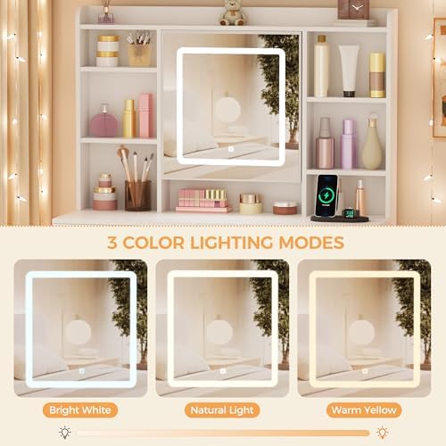 BEWISHOME Vanity Desk with Mirror and Lights  Makeup Vanity Table with Power Outlet Stool Vanity Table with 9 Drawers 6 Storage Shelves Jewelry Storage Dressing Table for Bedroom Girls White FST36W