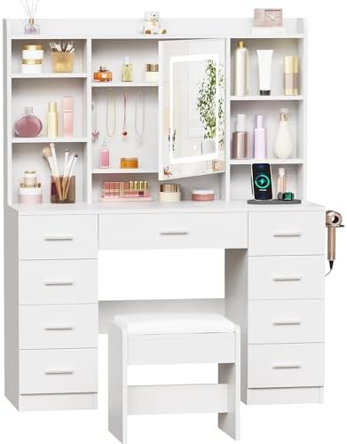 BEWISHOME Vanity Desk with Mirror and Lights  Makeup Vanity Table with Power Outlet Stool Vanity Table with 9 Drawers 6 Storage Shelves Jewelry Storage Dressing Table for Bedroom Girls White FST36W