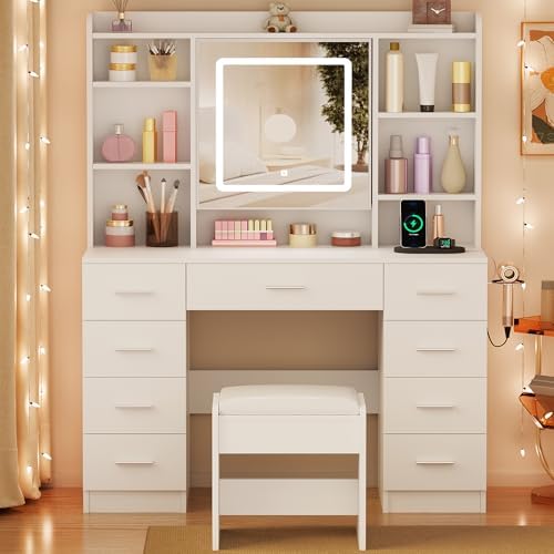 BEWISHOME Vanity Desk with Mirror and Lights  Makeup Vanity Table with Power Outlet Stool Vanity Table with 9 Drawers 6 Storage Shelves Jewelry Storage Dressing Table for Bedroom Girls White FST36W