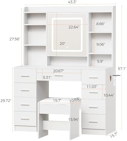 BEWISHOME Vanity Desk with Mirror and Lights  Makeup Vanity Table with Power Outlet Stool Vanity Table with 9 Drawers 6 Storage Shelves Jewelry Storage Dressing Table for Bedroom Girls White FST36W