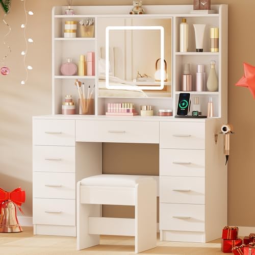 BEWISHOME Vanity Desk with Mirror and Lights  Makeup Vanity Table with Power Outlet Stool Vanity Table with 9 Drawers 6 Storage Shelves Jewelry Storage Dressing Table for Bedroom Girls White FST36W