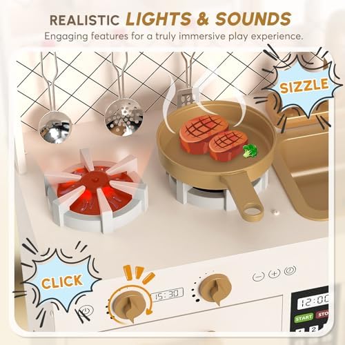 BIERUM Play Kitchen with Realistic Lights & Sounds  Wooden Kitchen Playset Chef Pretend Play Set for Toddlers  Toy Kitchen with 26 Pcs Toy Food & Cookware Accessories  Gift for Ages 3 