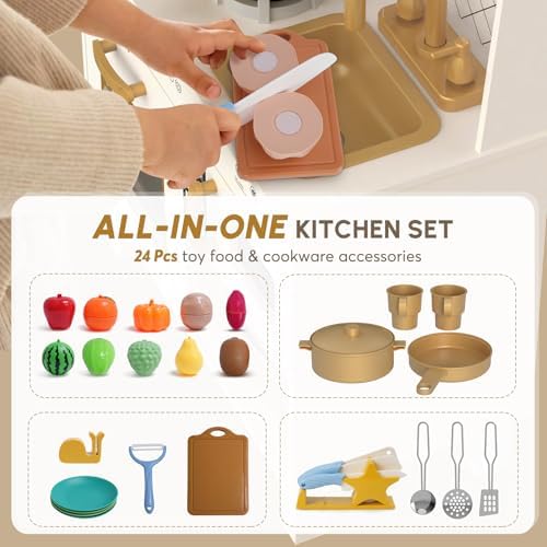 BIERUM Play Kitchen with Realistic Lights & Sounds  Wooden Kitchen Playset Chef Pretend Play Set for Toddlers  Toy Kitchen with 26 Pcs Toy Food & Cookware Accessories  Gift for Ages 3 