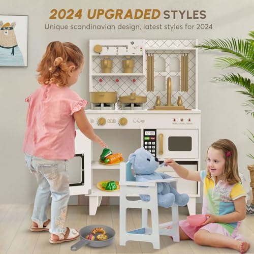BIERUM Play Kitchen with Realistic Lights & Sounds  Wooden Kitchen Playset Chef Pretend Play Set for Toddlers  Toy Kitchen with 26 Pcs Toy Food & Cookware Accessories  Gift for Ages 3 
