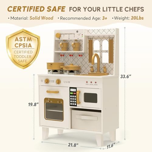 BIERUM Play Kitchen with Realistic Lights & Sounds  Wooden Kitchen Playset Chef Pretend Play Set for Toddlers  Toy Kitchen with 26 Pcs Toy Food & Cookware Accessories  Gift for Ages 3 