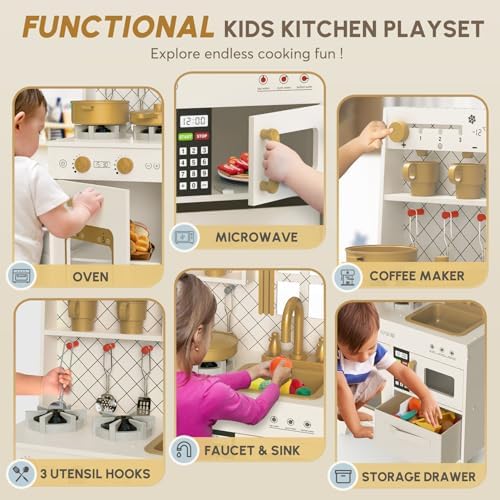 BIERUM Play Kitchen with Realistic Lights & Sounds  Wooden Kitchen Playset Chef Pretend Play Set for Toddlers  Toy Kitchen with 26 Pcs Toy Food & Cookware Accessories  Gift for Ages 3 
