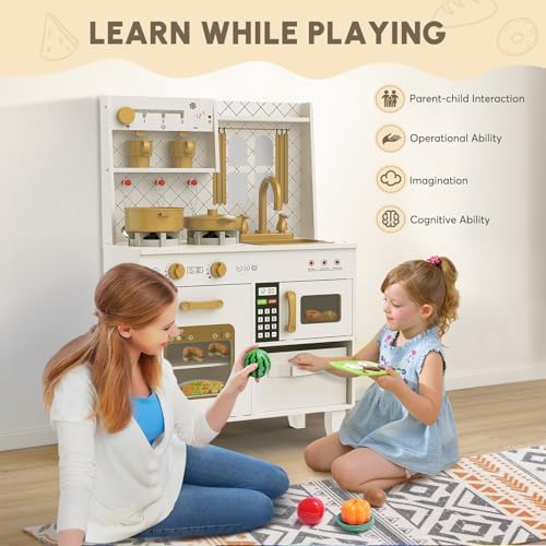 BIERUM Play Kitchen with Realistic Lights & Sounds  Wooden Kitchen Playset Chef Pretend Play Set for Toddlers  Toy Kitchen with 26 Pcs Toy Food & Cookware Accessories  Gift for Ages 3 