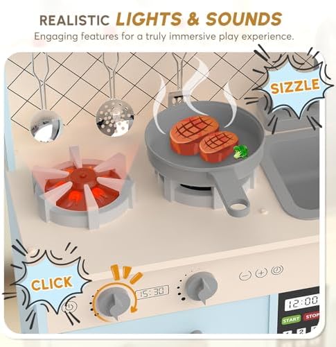 BIERUM Play Kitchen with Realistic Lights & Sounds  Wooden Kitchen Playset Chef Pretend Play Set for Toddlers  Toy Kitchen with 26 Pcs Toy Food & Cookware Accessories  Gift for Ages 3 
