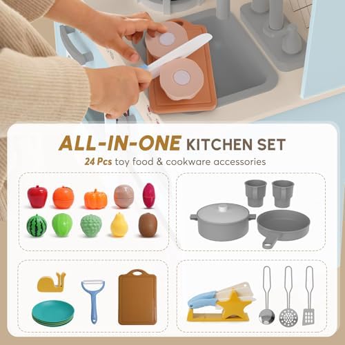 BIERUM Play Kitchen with Realistic Lights & Sounds  Wooden Kitchen Playset Chef Pretend Play Set for Toddlers  Toy Kitchen with 26 Pcs Toy Food & Cookware Accessories  Gift for Ages 3 