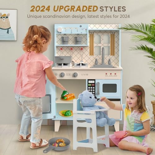 BIERUM Play Kitchen with Realistic Lights & Sounds  Wooden Kitchen Playset Chef Pretend Play Set for Toddlers  Toy Kitchen with 26 Pcs Toy Food & Cookware Accessories  Gift for Ages 3 