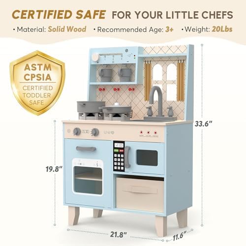 BIERUM Play Kitchen with Realistic Lights & Sounds  Wooden Kitchen Playset Chef Pretend Play Set for Toddlers  Toy Kitchen with 26 Pcs Toy Food & Cookware Accessories  Gift for Ages 3 