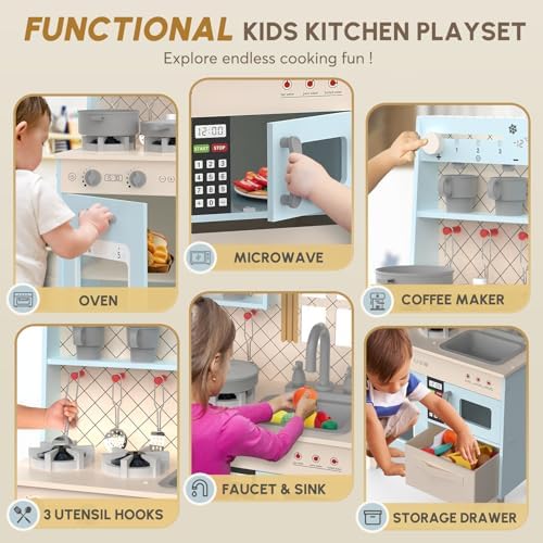 BIERUM Play Kitchen with Realistic Lights & Sounds  Wooden Kitchen Playset Chef Pretend Play Set for Toddlers  Toy Kitchen with 26 Pcs Toy Food & Cookware Accessories  Gift for Ages 3 