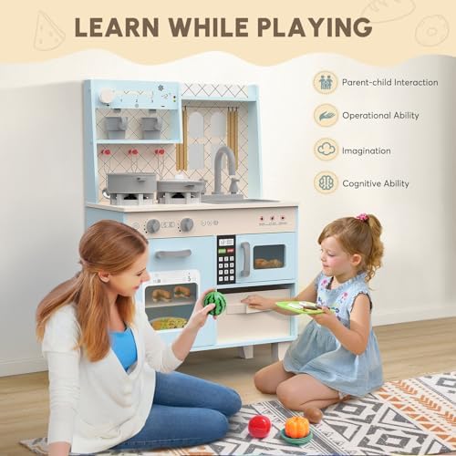 BIERUM Play Kitchen with Realistic Lights & Sounds  Wooden Kitchen Playset Chef Pretend Play Set for Toddlers  Toy Kitchen with 26 Pcs Toy Food & Cookware Accessories  Gift for Ages 3 
