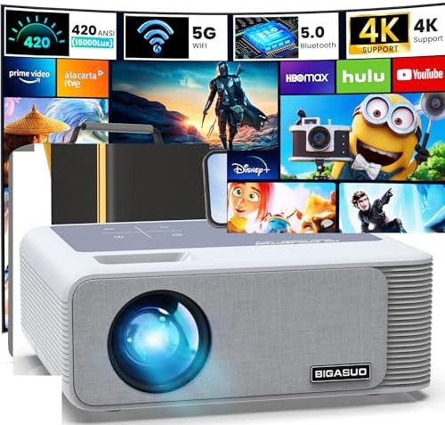 BIGASUO 850ANSI Projector with WiFi and Bluetooth   1080P HD Outdoor Movie Projector 4K Support  Home Projectors Max 400 Display  4P &  50  Keystone  60  Zoom  Compatible with Laptop  TV Stick  PS5
