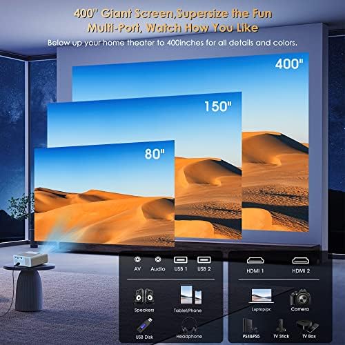 BIGASUO 850ANSI Projector with WiFi and Bluetooth   1080P HD Outdoor Movie Projector 4K Support  Home Projectors Max 400 Display  4P &  50  Keystone  60  Zoom  Compatible with Laptop  TV Stick  PS5