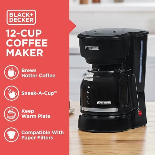 BLACK DECKER 12 Cup Coffee Maker with Easy On/Off Switch  Easy Pour  Non Drip Carafe with Removable Filter Basket  Vortex Technology  Black