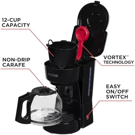 BLACK DECKER 12 Cup Coffee Maker with Easy On/Off Switch  Easy Pour  Non Drip Carafe with Removable Filter Basket  Vortex Technology  Black