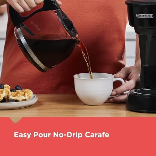 BLACK DECKER 12 Cup Coffee Maker with Easy On/Off Switch  Easy Pour  Non Drip Carafe with Removable Filter Basket  Vortex Technology  Black