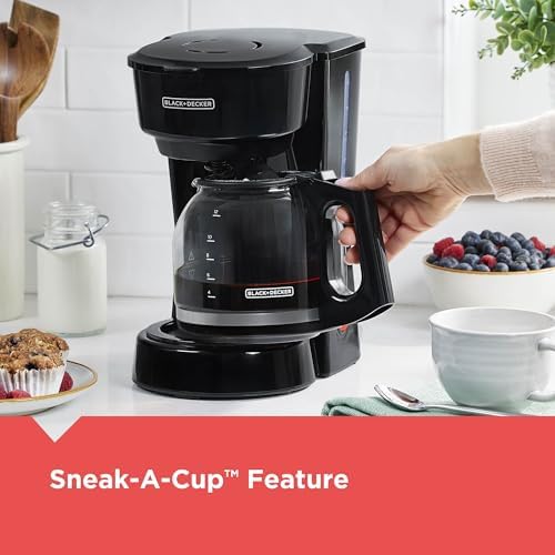 BLACK DECKER 12 Cup Coffee Maker with Easy On/Off Switch  Easy Pour  Non Drip Carafe with Removable Filter Basket  Vortex Technology  Black
