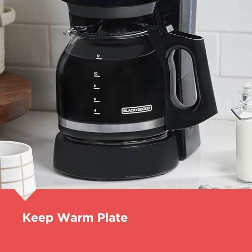 BLACK DECKER 12 Cup Coffee Maker with Easy On/Off Switch  Easy Pour  Non Drip Carafe with Removable Filter Basket  Vortex Technology  Black