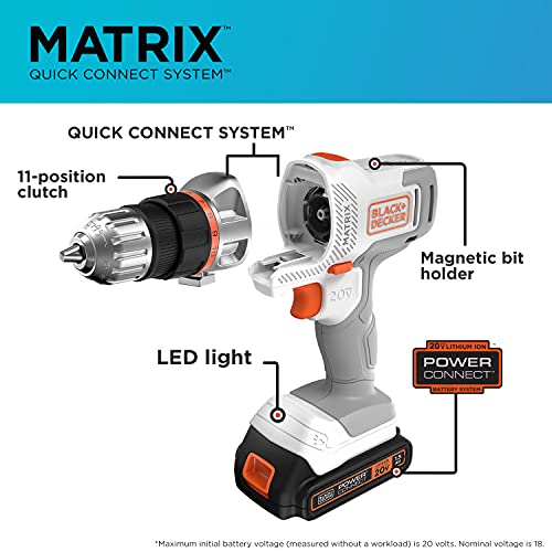BLACK+DECKER Kit combinado inalámbrico de 20 V MAX MATRIX, 6 herramientas, blanco y naranja (BDCDMT1206KITWC)