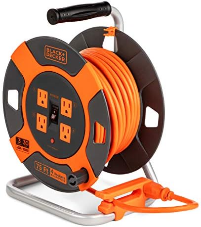 BLACK DECKER 75 Ft  Retractable Extension Cord Reel with 4 Outlets  Multi Plug Extension  Easy Handle Rewind & Heavy Duty 14AWG SJTW Cable