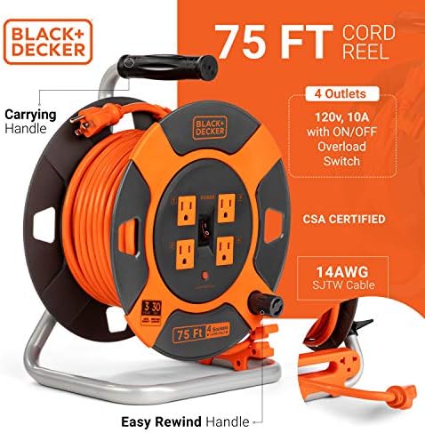 BLACK DECKER 75 Ft  Retractable Extension Cord Reel with 4 Outlets  Multi Plug Extension  Easy Handle Rewind & Heavy Duty 14AWG SJTW Cable