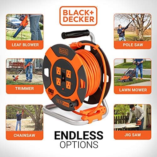 BLACK DECKER 75 Ft  Retractable Extension Cord Reel with 4 Outlets  Multi Plug Extension  Easy Handle Rewind & Heavy Duty 14AWG SJTW Cable