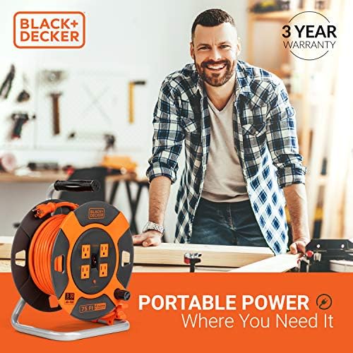 BLACK DECKER 75 Ft  Retractable Extension Cord Reel with 4 Outlets  Multi Plug Extension  Easy Handle Rewind & Heavy Duty 14AWG SJTW Cable