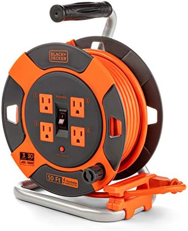 BLACK DECKER 75 Ft  Retractable Extension Cord Reel with 4 Outlets  Multi Plug Extension  Easy Handle Rewind & Heavy Duty 14AWG SJTW Cable